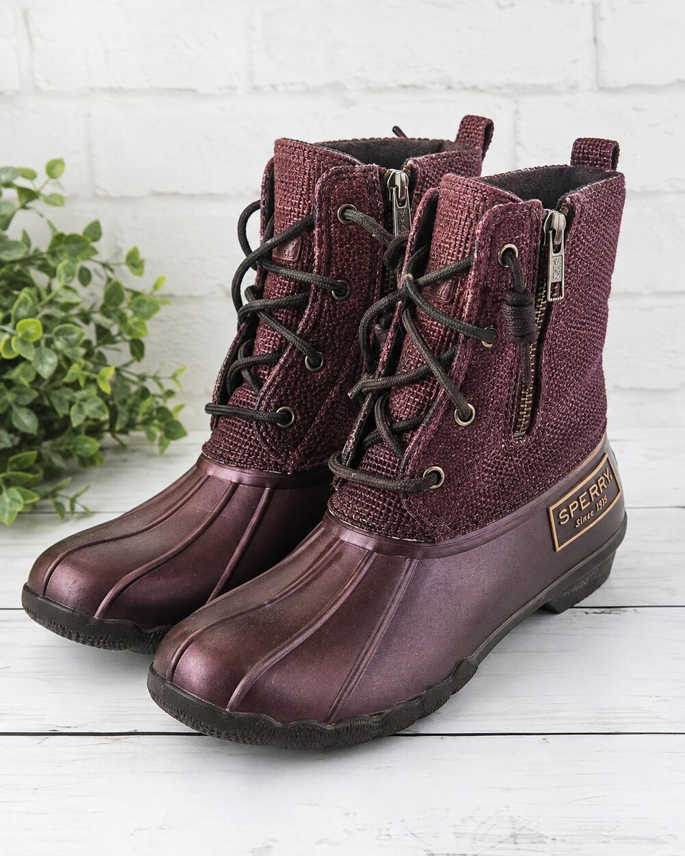 Sperry Waterproof Duck Boots Burgundy Plum Women’s 8 Men’s 6 Lace Up Zip